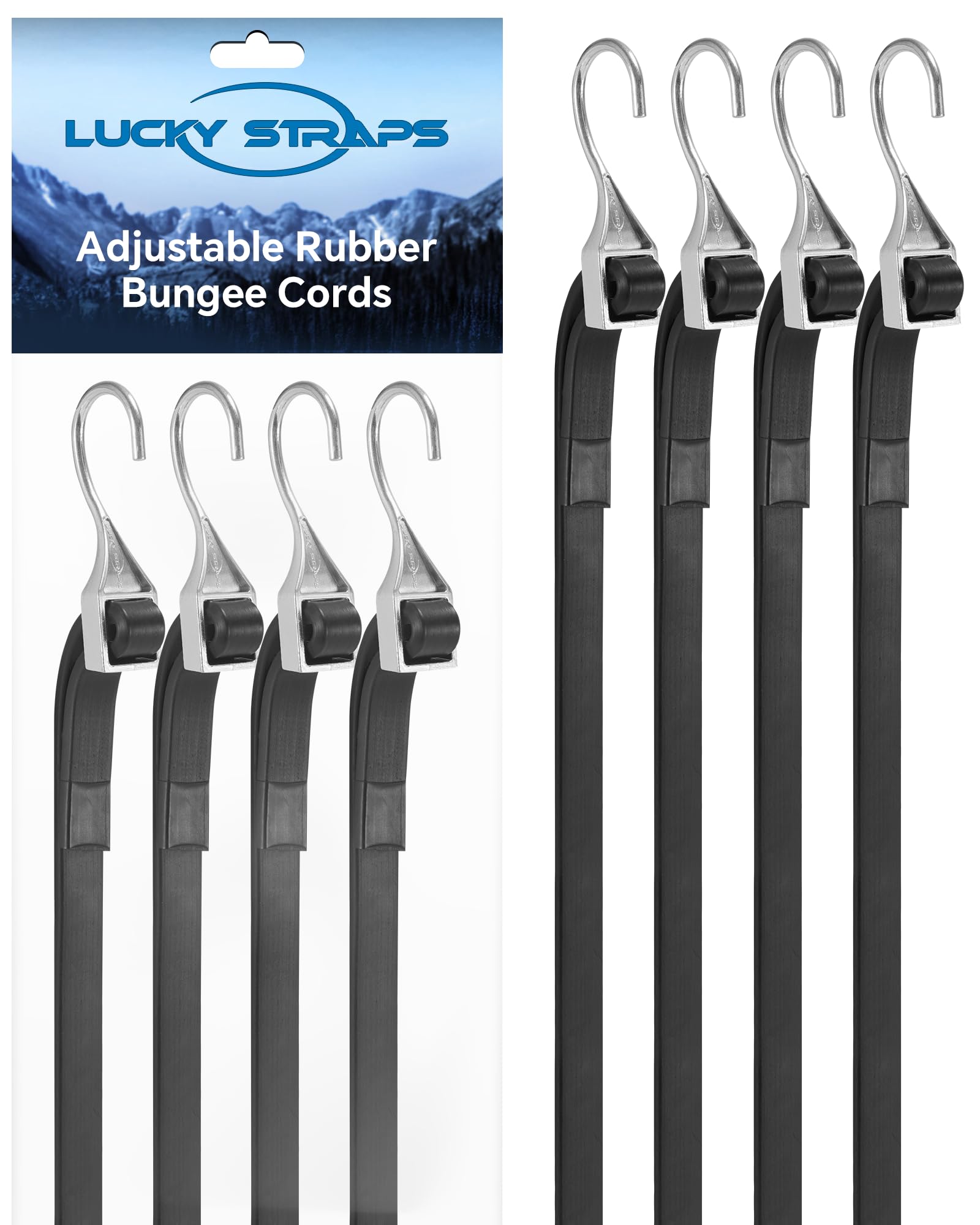 Photo 1 of 18 Inch Adjustable Rubber Bungee Cords, Easy to Adjust from 6" to 18", Black Bungee Straps with 1.9X Stretch, Rubber Tarp Straps with Crimped S Hooks for Cargo, Tarps, Van, Truck, Motorcycle (8 Pcs)
