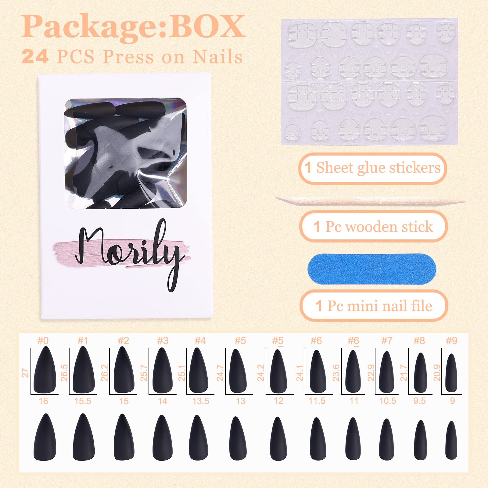 Morily 24pcs Fake Nails Matte Pure Color Medium Long Stiletto Almond Press on Nail False Tips Artificial Finger Manicure for Women (Black) - Image 6