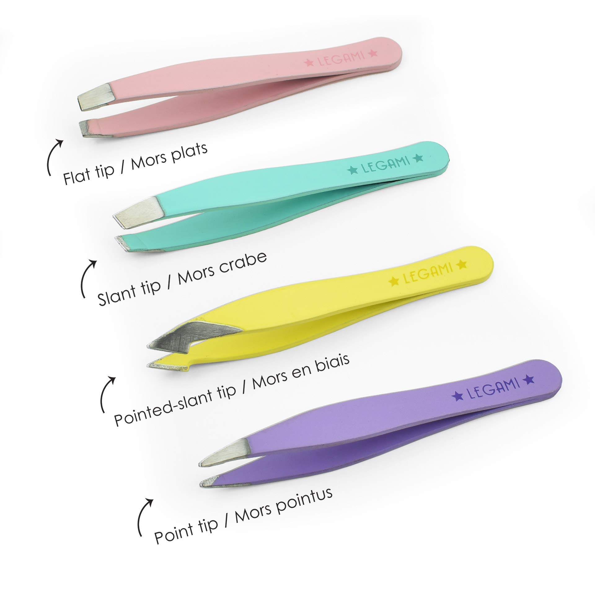 Legami - Bye Bye Frida Set of 4 Mini Tweezers, 5 x 0.5 cm, Stainless Steel, Reach Hidden Hairs with The Most Suitable Tip, Flat Tip, Angled Tip, Slanted Tip, Pointed Tip