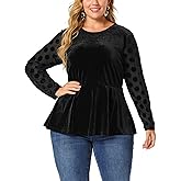 Agnes Orinda Plus Size Top for Women Polka Dots Sheer Sleeve Velvet Peplum Tops 2024