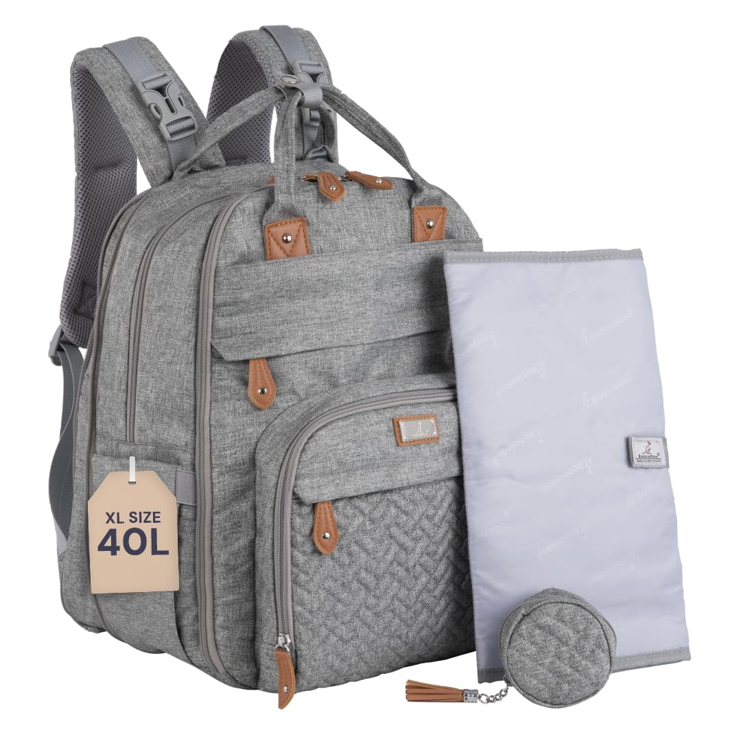 Photo 1 of BabbleRoo Extra Large Diaper Bag Backpack, Expandable Baby Bag with Up to 50% More Capacity - Travel Essentials Baby Bag Tote with Changing Pad, Stroller Straps & Pacifier Case - Unisex, Light Gray