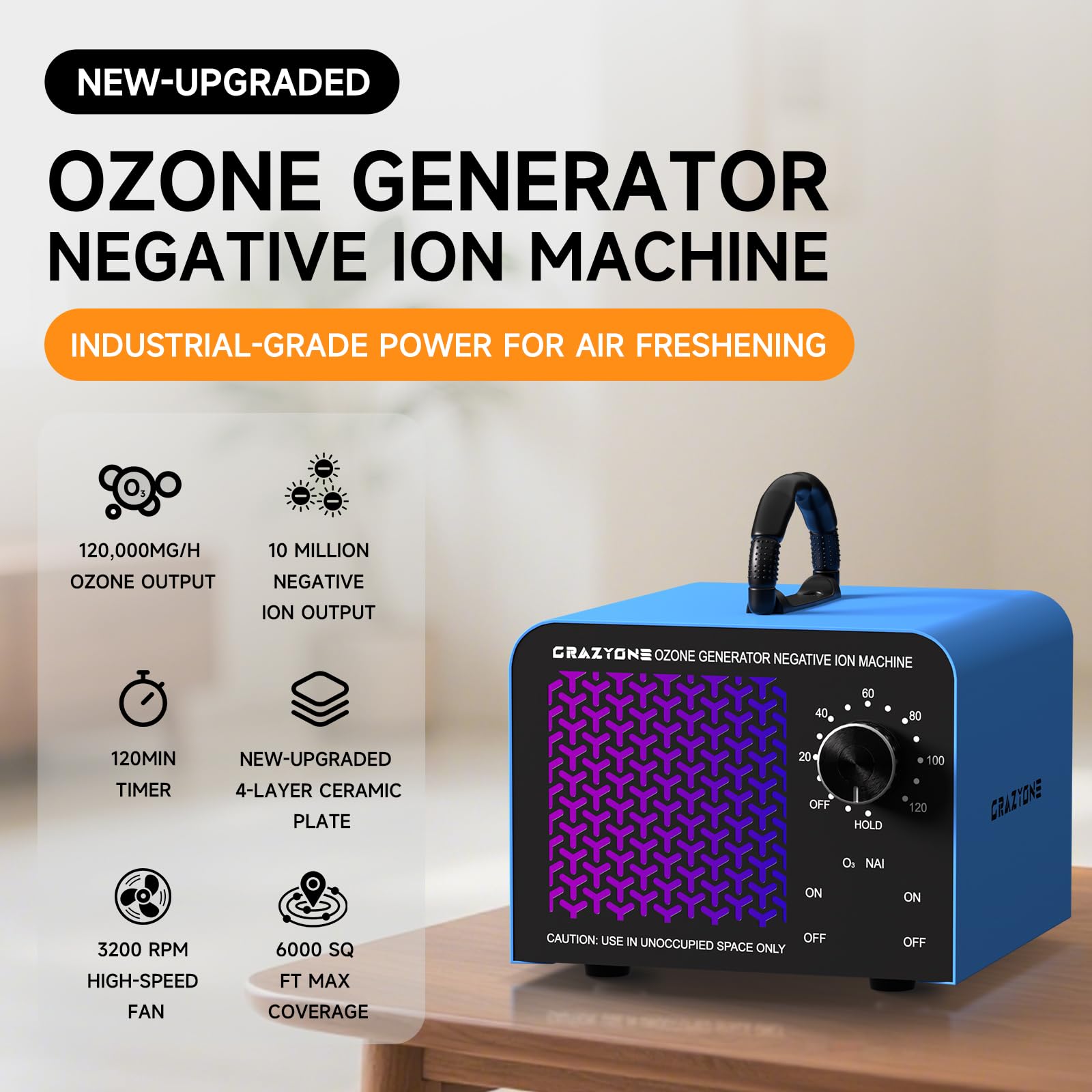 120,000mg/h Ozone Generator, High-Capacity Ozone Odor Eliminator with Negative Ion, Ozone Machine Odor Removal for Car, Home, Pets, Smoke, Commercial/Industrial Use - Covers Up to 6,000 Sq.Ft
