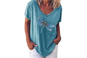 CTREELA Women's Dragonfly T Shirts Vintage Graphic Tees Loose Summer Plus Size Printed Short Sleeve Retro V Neck Blouse Tops