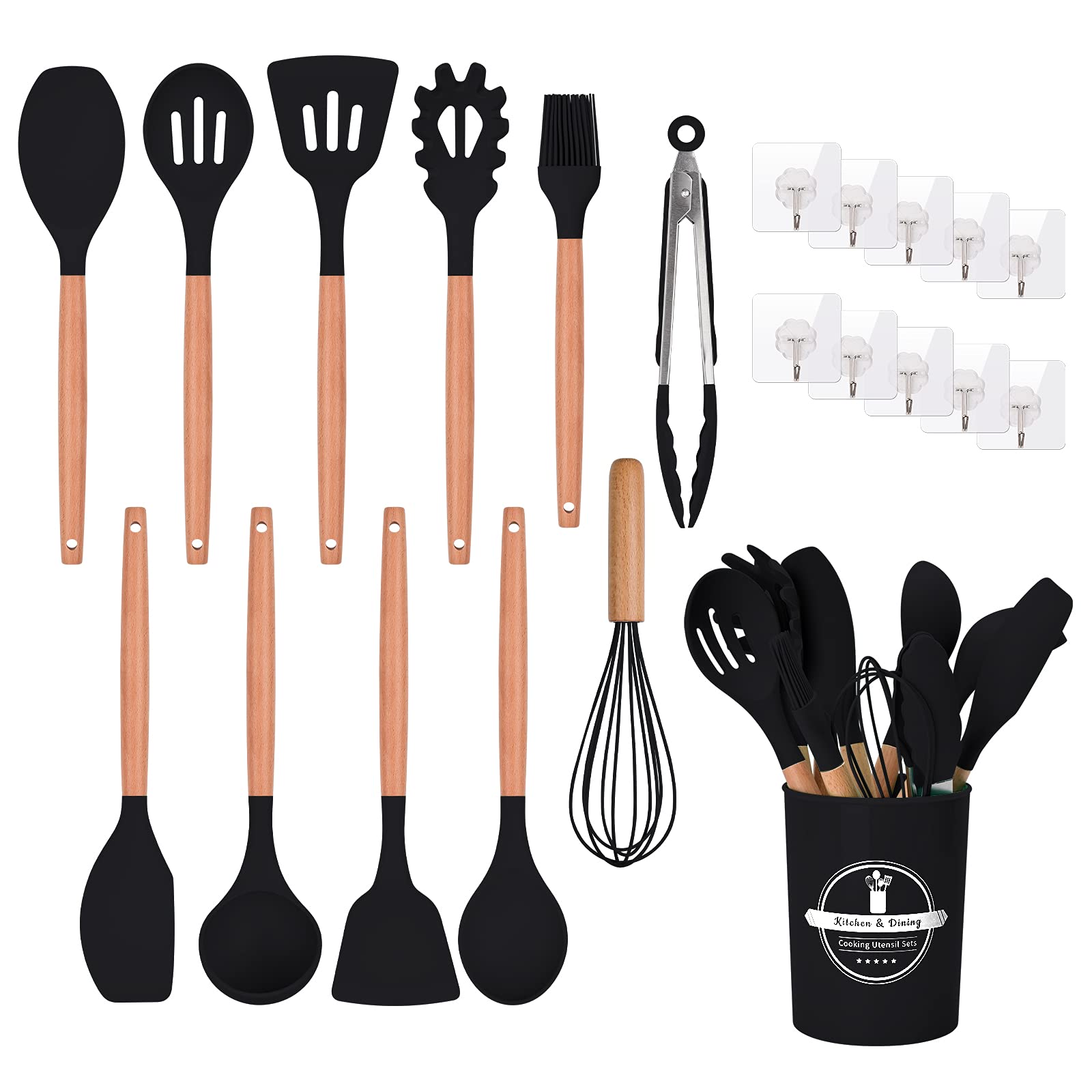 YUDISEN Premium Silicone Kitchen Utensil Set,Heat Resistant Wooden Handles Cooking Tool, Non Stick Non Scratch Cookware,12PCS + 10 Hooks (Black)