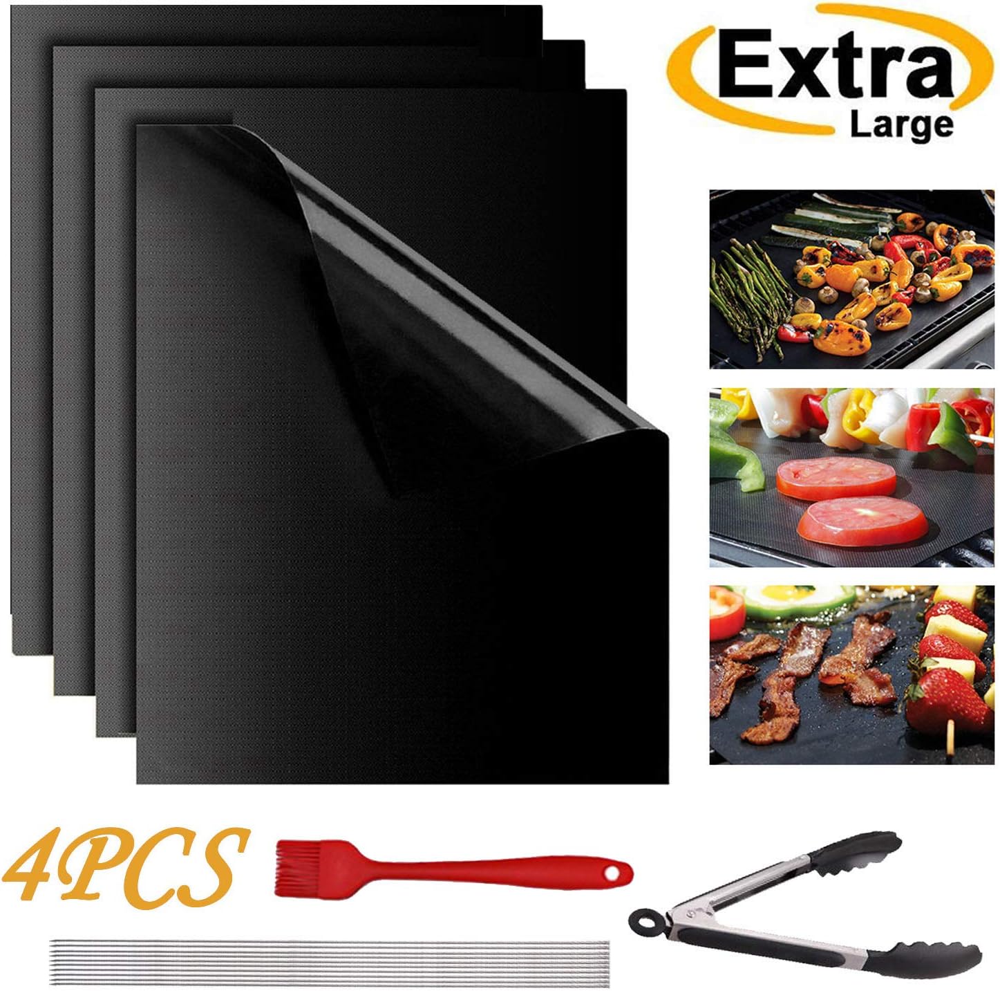 Lyeiaa BBQ Grill Mat, Set of 4 Non Stick 50x40cm Barbecue Baking Mats for Charcoal Gas or Electric Grill Heat Resistant Reusable Easy Clean Bonus Silicone Brush and 8" BBQ Tongs