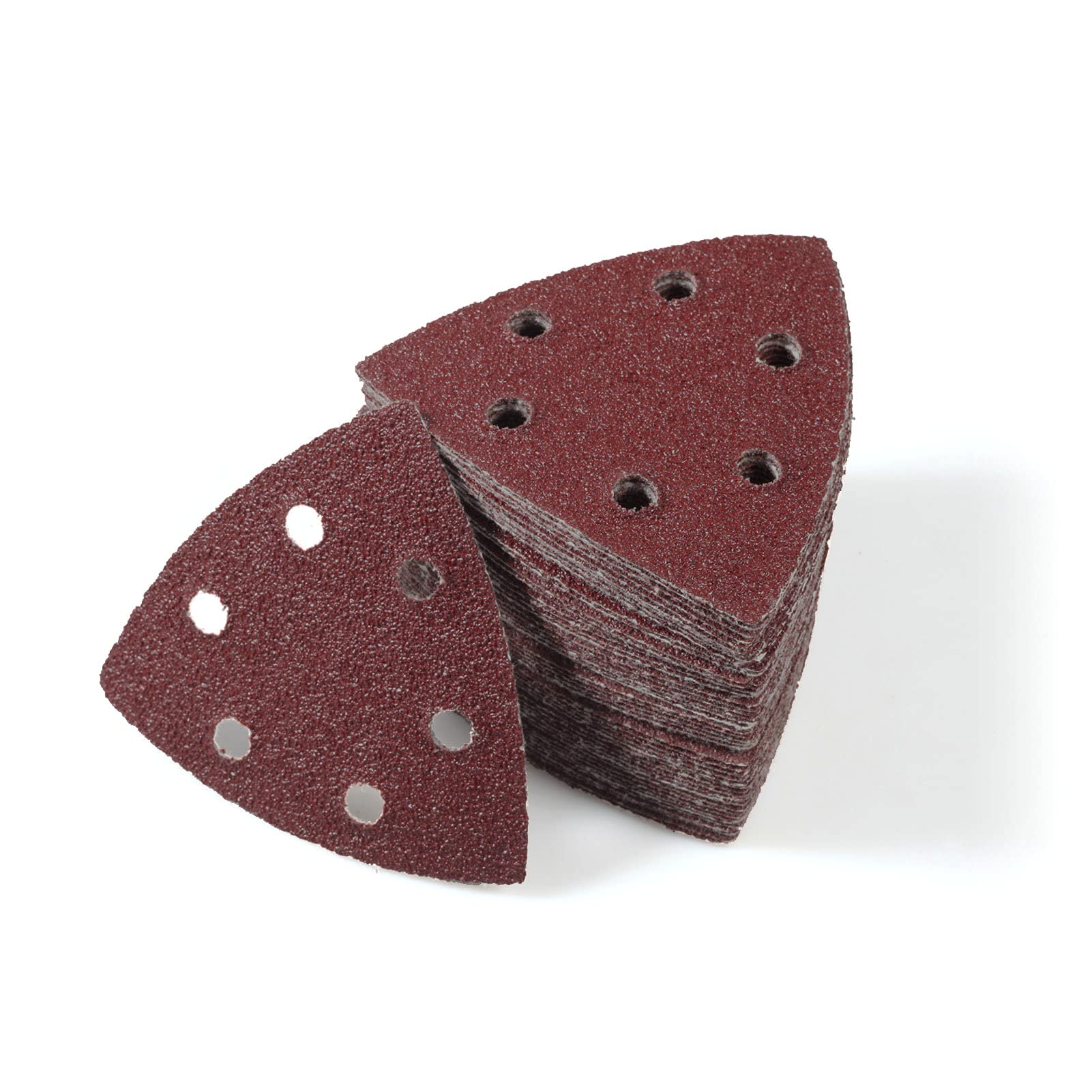 LEONTOOL 50 Pcs Triangle Sanding Pads, Detail Sandpaper 6 Holes, Hook and Loop Sanding Disc 3-1/2 Inches, 40 Grit Sanding Paper for Wood Metal Polishing