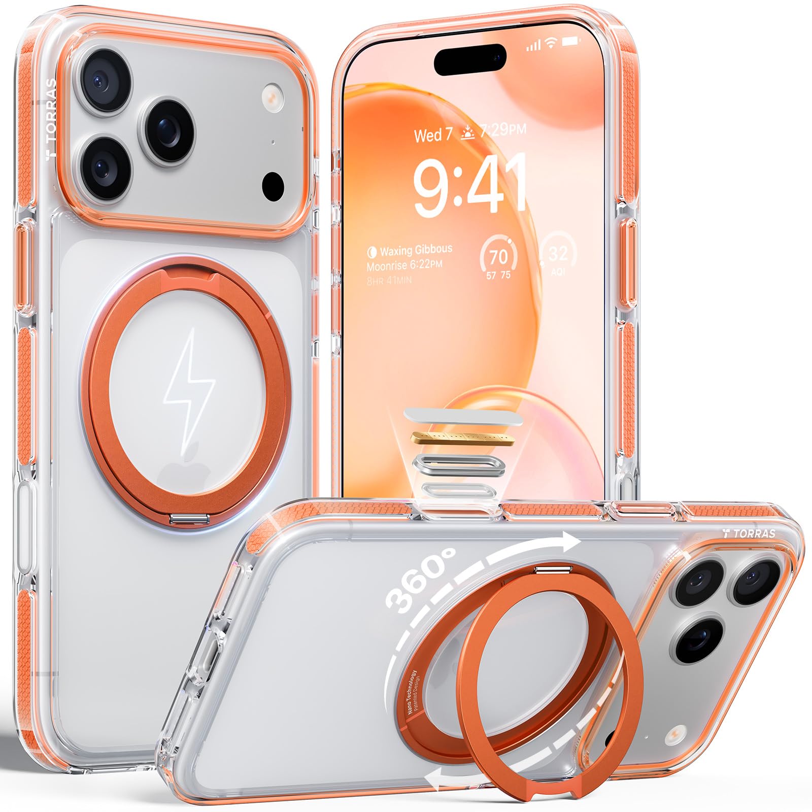 Photo 1 of TORRAS 360 Magnetic Stand for iPhone 17 Pro Case, [Rotatable Sturdy Kickstand][Fit for MagSafe][4X Mil-Grade Shockproof] Slim Transparent Phone Cover, Camera Button, Clear Orange, Ostand O3 Fitness