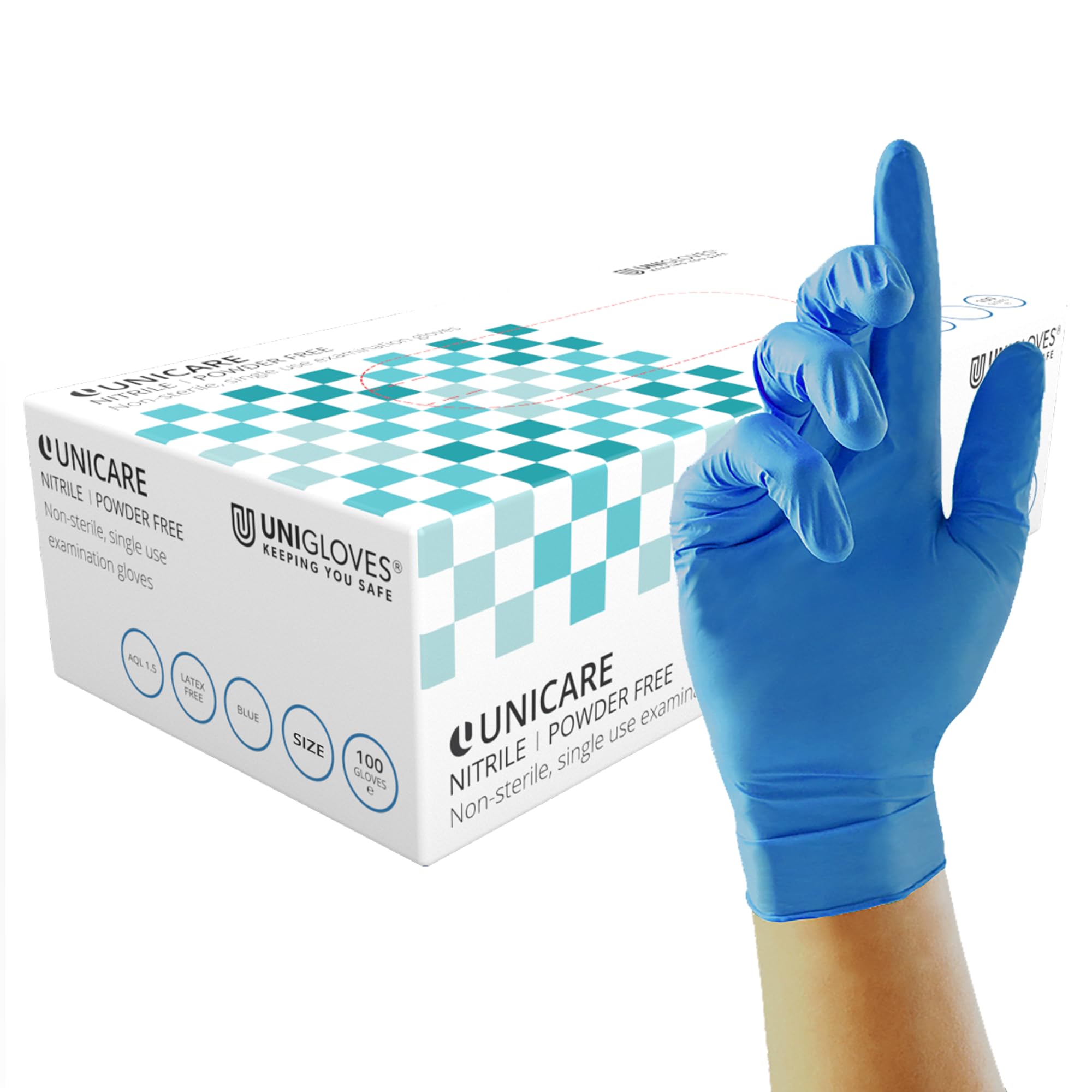 Unigloves Unicare Nitrile Examination Disposable Gloves - Multipurpose, Powder Free, Medical Gloves - Box of 100 Gloves, Blue, Large (GS0034)