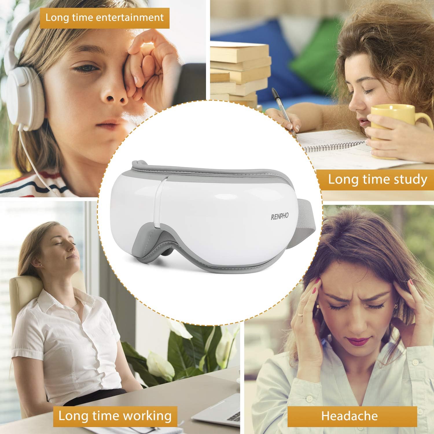 RENPHO Eye Massager with Heat, Compression Bluetooth Music Rechargeable Eye Therapy Massager for Relieve Eye Strain Dark Circles Eye Bags Dry Eye Improve Sleep (White): Health & Personal Care