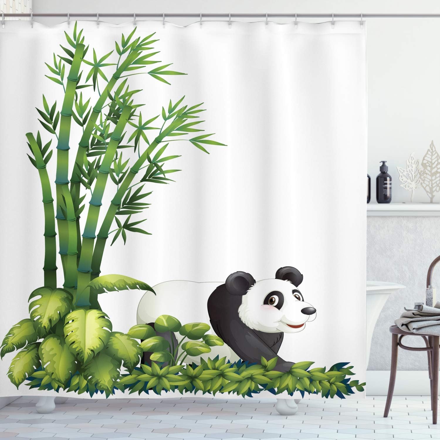 Ambesonne Panda Shower Curtain, Happy Panda with Tropical Plants Bamboo Trees Endangered Mammals Cartoon Art, Cloth Fabric Bathroom Decor Set with Hooks, 70