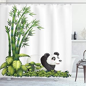 Ambesonne Panda Shower Curtain, Happy Panda with Tropical Plants Bamboo Trees Endangered Mammals Cartoon Art, Cloth Fabric Bathroom Decor Set with Hooks, 70