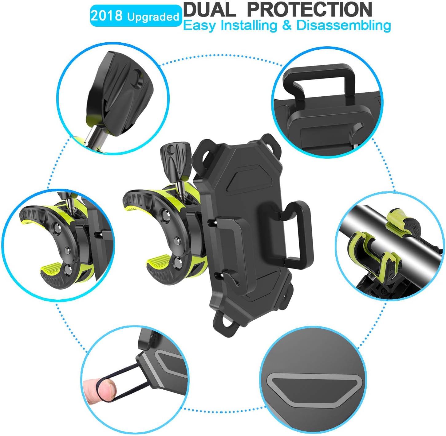 Bike Phone Mount,Motorcycle Cell Phone Holder,Universal Bicycle Handlebar with Rotation Adjustable Cycling Clamp Scooter Phone Clip for iPhone 12,X,8,7 Plus,Galaxy S9, S10