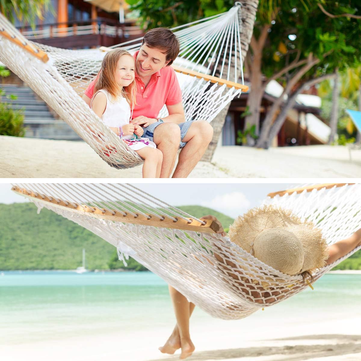 Y- STOP 13.2FT Hammocks,Traditional Cotton Rope Hammock with Chains and Hooks for Outdoor,Indoor,Patio Yard,Double Solid Wood,for Two Person,Max 440 Lbs(Natural): Kitchen & Dining