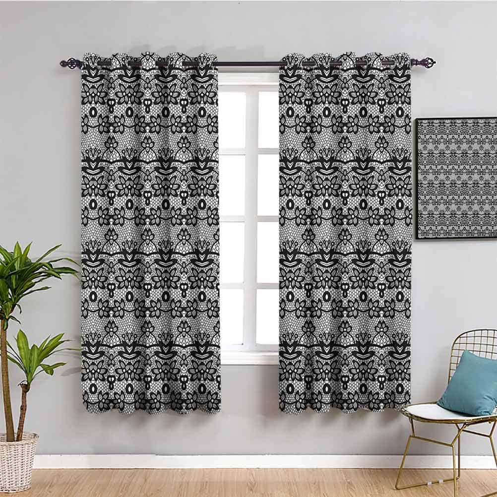 Black and White Kitchen Curtain, Curtains 63 inch Length Monochrome Lace Pattern