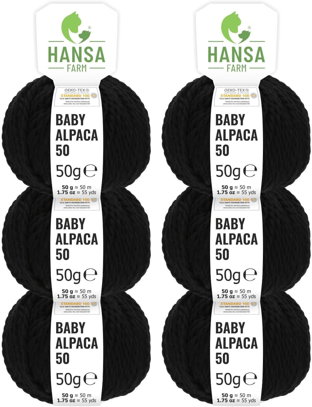 HANSA-FARM 100% baby alpaca wool in 50+ colours (scratch-free) - 300g set (6 x 50g) - soft Baby Alpaca wool for knitting & crocheting in 6 yarn sizes Black