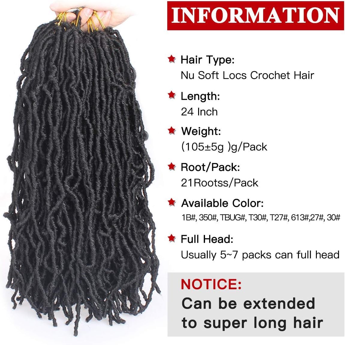 Xtrend 7 Packs 24 Inch Black Nu Faux Locs Crochet Braids Hair Synthetic Pre Looped Soft Dreadslocks Braiding Hair Goddess Faux Locs Curly Wavy Hair Extensions for Black Women 12strands/pack 1B# - Image 3