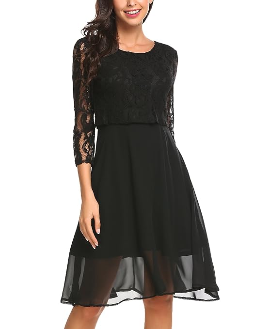 Finejo Damen Abendkleid Elegant Cocktailkleid Ballkleid Hochzeit festlich Kleid mit Spitze Chiffonkleid Partykleid Knielang