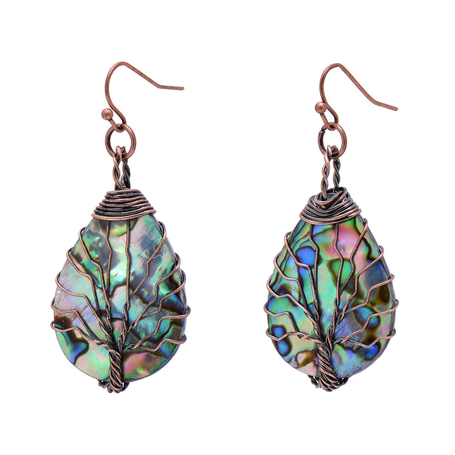 Tree of Life Hand Wrapped Sea Abalone Shell Earrings for Women, French Wire Antiqued Copper
