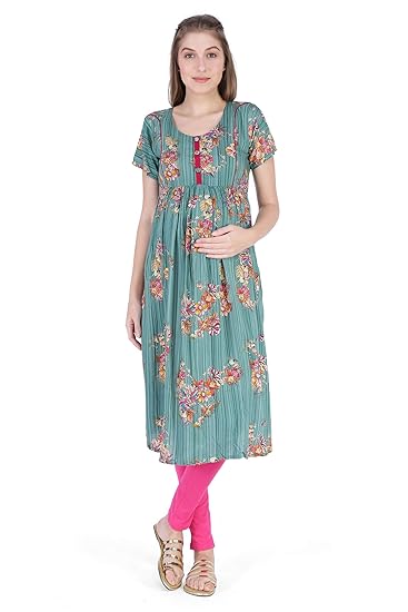 Women's Rayon Fern Green Maternity/Feeding Kurti
