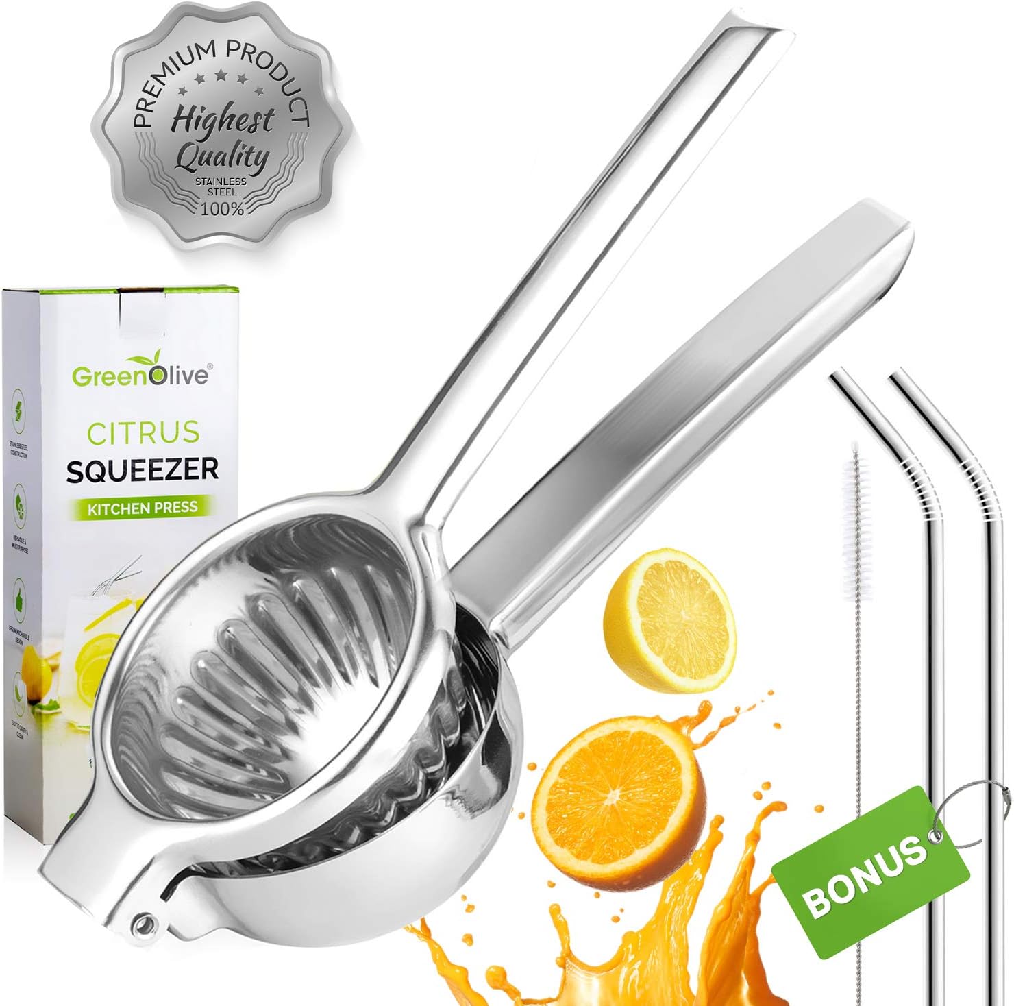 GreenOlive Lemon Lime Stainless Steel Squeezer Press – Large Heavy-Duty Manual Hand Held Citrus Juicer – Orange Juicer Extractor, Lime Squeezer with Bonus Stainless Steel Straws