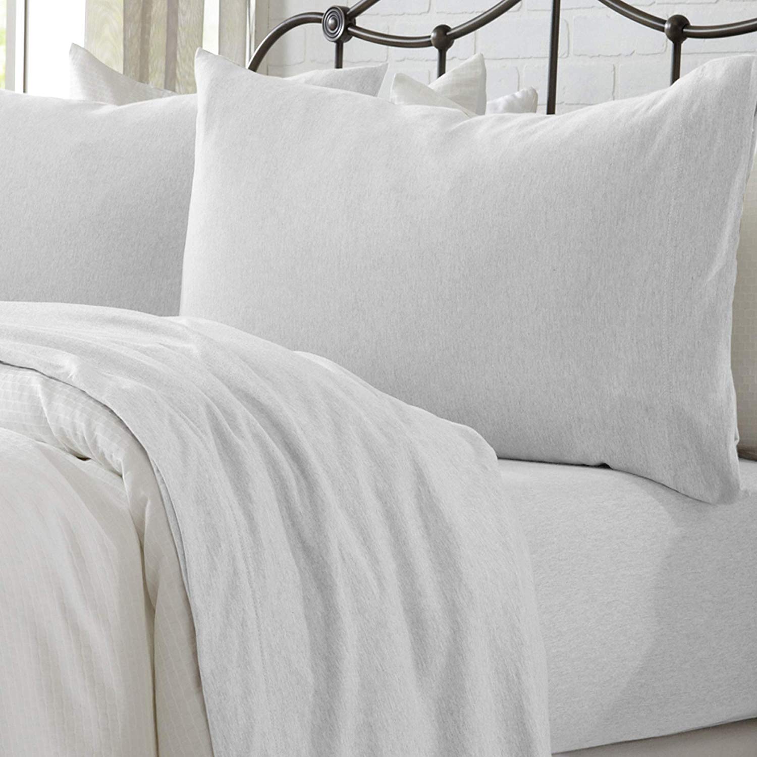 Great Bay Home Jersey Knit Sheets. All Season, Soft, Cozy Queen Jersey Sheets. T-Shirt Sheets. Jersey Cotton Sheets. Heather Cotton Jersey Bed Sheet Set. (Queen, Winter White)
