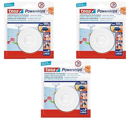 Tesa Powerstrips 3 x Deckenhaken weiß incl. je 2 Strips Large / zum Befestigen von Deco etc. an der Zimmerdecke