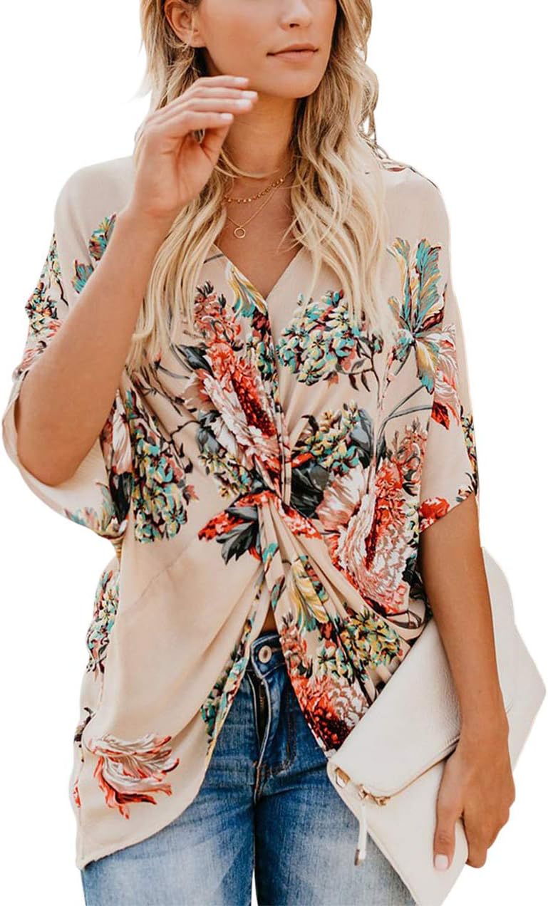 Unicoter Women's Casual Floral Print Shirts Short Sleeve V Neck Twist Tops and Blouse