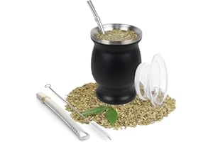 ROCKY&CHAO 9 Oz Yerba Mate Cup, Tea Cup Set Include Stainless Steel Modern 2 Bombilla Straws, Cleaning Brush and BPA Free Lid