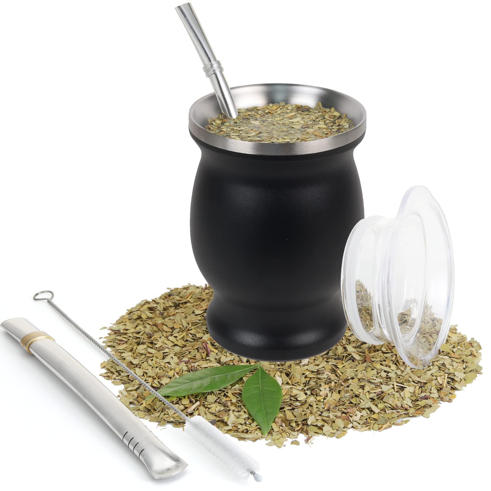 ROCKY&CHAO 9Oz Yerba Mate Gourd Set - Stainless Steel Modern Mate Cup, 2 Bombilla Straws, Cleaning Brush, BPA Free Lid, Double-Walled, Hot & Cold Drink, Coffee & Tea — image 1