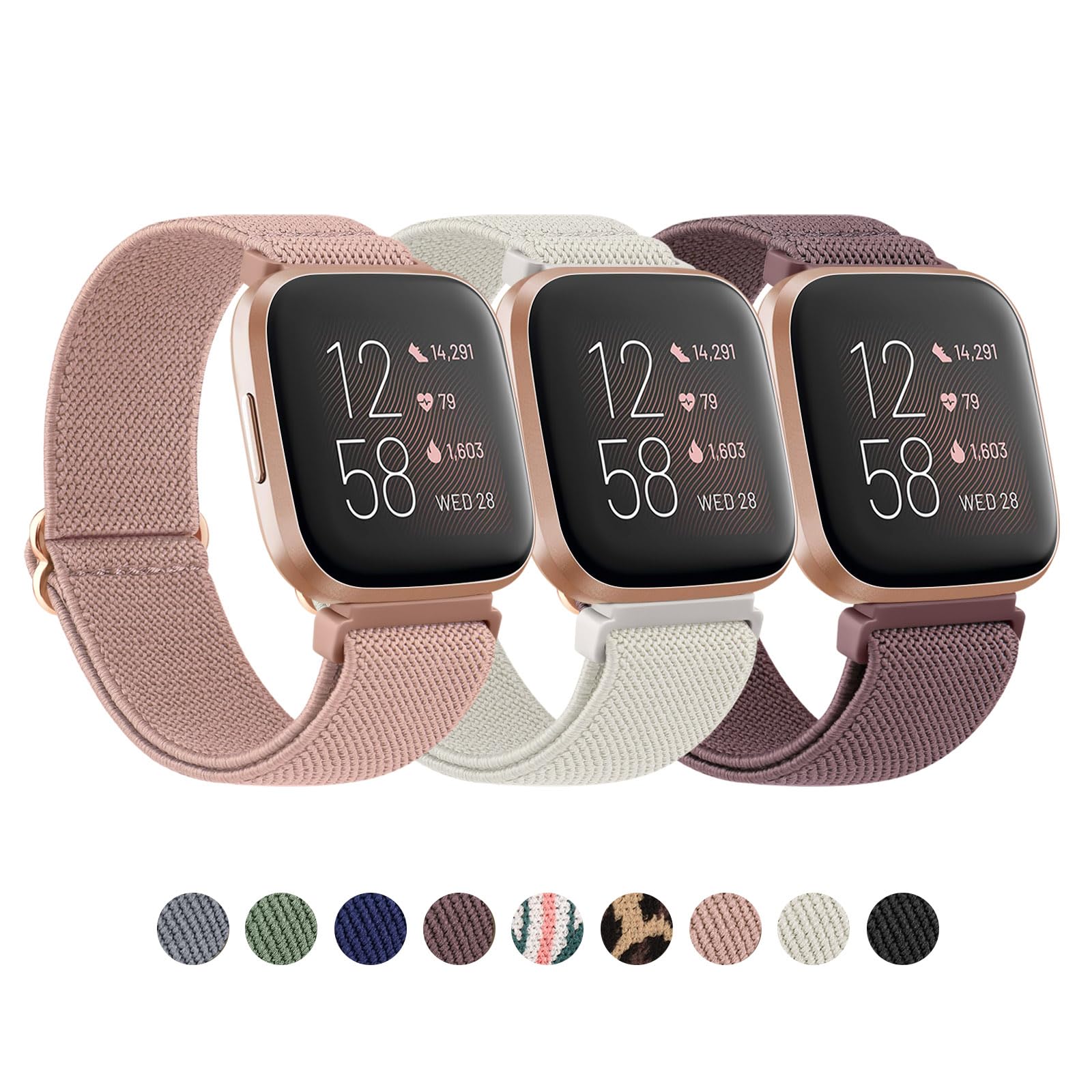 Mugust 3 Pack Strap Compatible with Fitbit Versa 2 Straps/Fitbit Versa Strap for Women and Men,Soft Adjustable Stretch Nylon Sport Replacement Band for Fitbit Versa 2/Versa/Versa Lite/SE (Pack A)