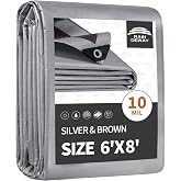 RAINDEWAY 6x8 Feet Tarps Heavy Duty Waterproof,10Mil Small Tarp Cover | Metal Grommets Every 18inch,Sturdy Corners,Reinforced Edges,14x14 Strong Weave,Multipurpose,UV&amp;Tear Resistant,Silver/Brown