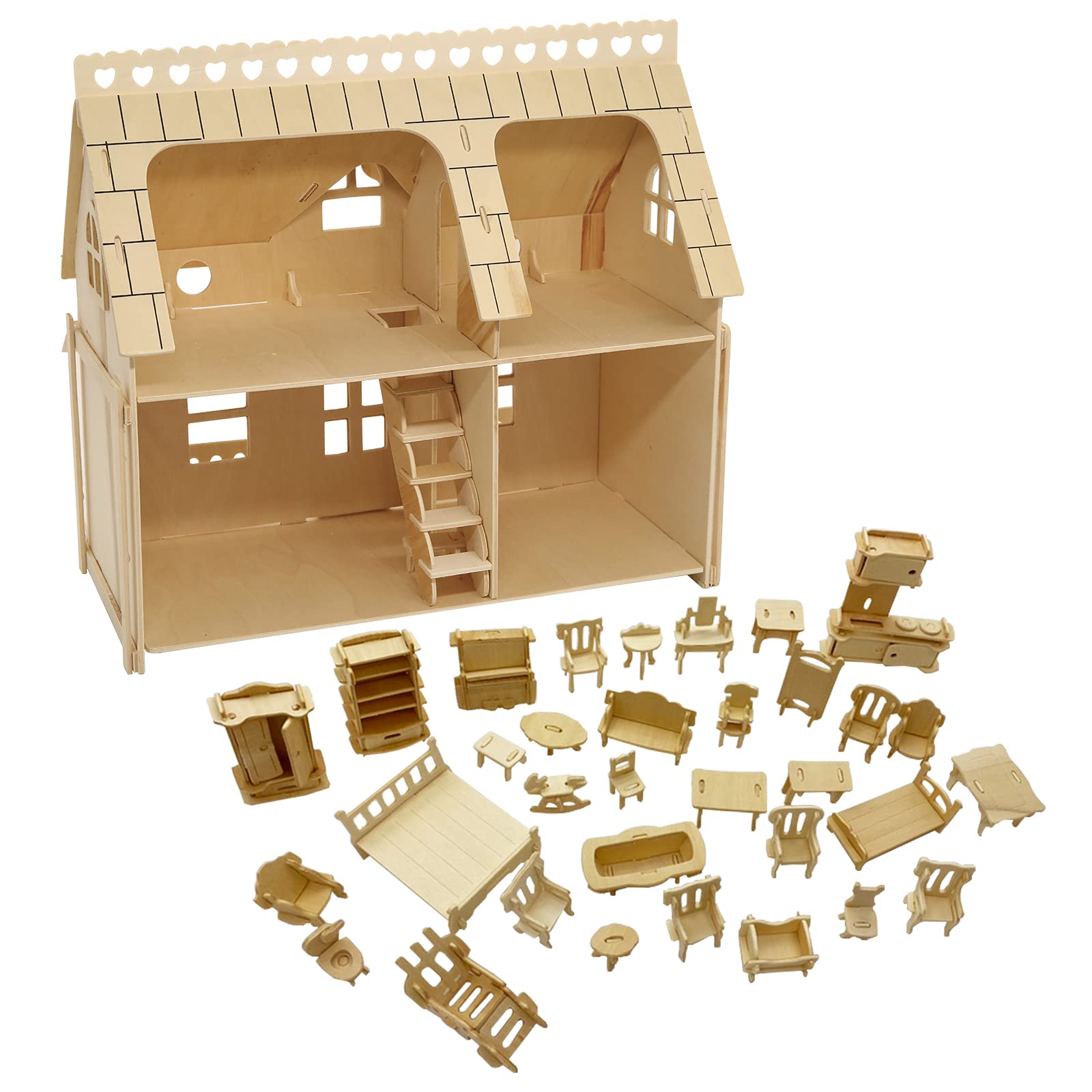 Wooden Dolls House with Furniture - Wooden Handcraft Construction Kit (DH0031)