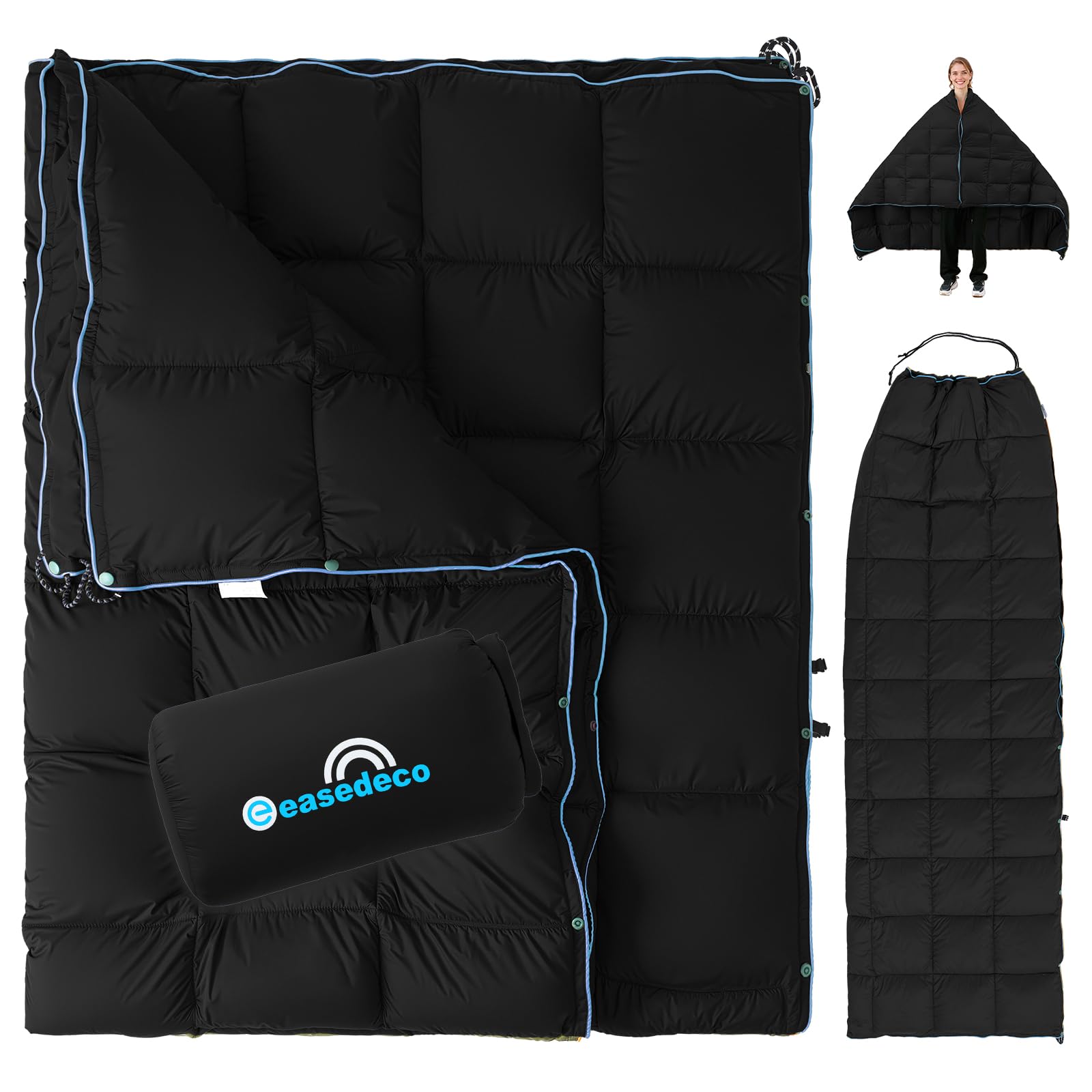 Photo 1 of easedeco Down Camping Blanket - Lightweight Packable Warm Puffy Travel Quilt with Footbox, 650 Fill Power Waterproof Outdoor Blankets for Hiking, Travel & Stadium Down Quilt, Black 1lb 1oz / 77''*52''