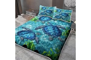 MILANKET Sea Turtle Bedding Set, Blue Sea Turtle and Seaweed Bedspread Quilt Set Queen Size, 3 Piece Ocean Turtle Themed Coverlet Lightweight Bedcover Warm Bedding All Season Quilts for Teens Adults