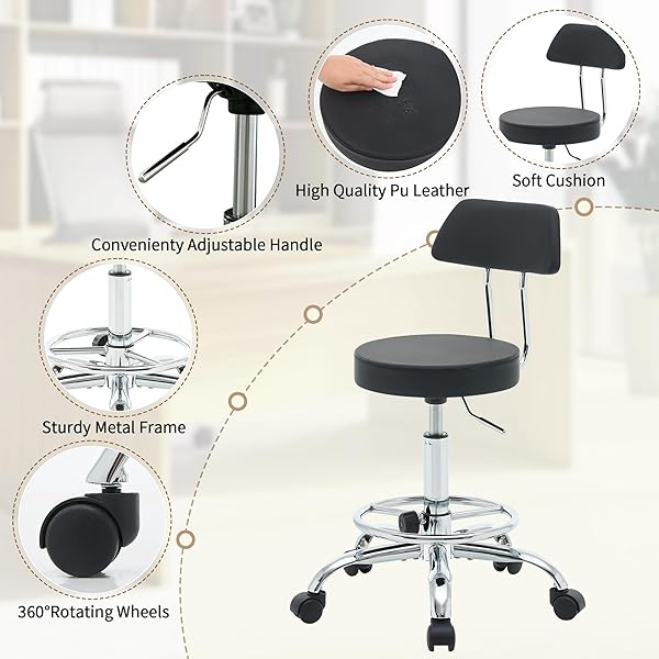 FIRAVOE ROLLING STOOL WITH BACK,ADJUSTABLE HEIGHT FOOT REST ROLLING SALON CHAIR 19.5″-26.6″,BLACK ERGONOMIC STOOL (BLACK)