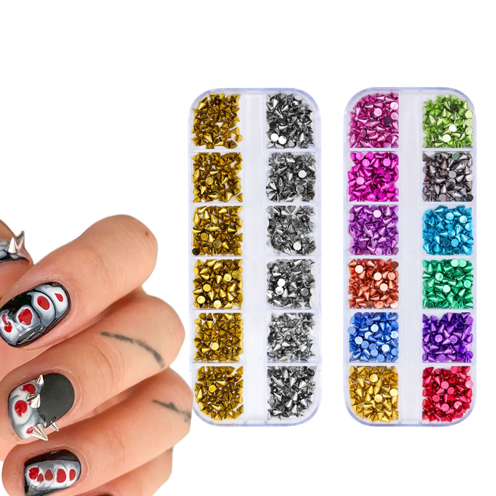 2Boxes Metal Punk Cone Nail Art Charms Spike Studs Decoration, Gold Silver Colored Nail Ornaments for Girls Manicure Nail Art Craft DIY Nail Accessories Decoration Supplies