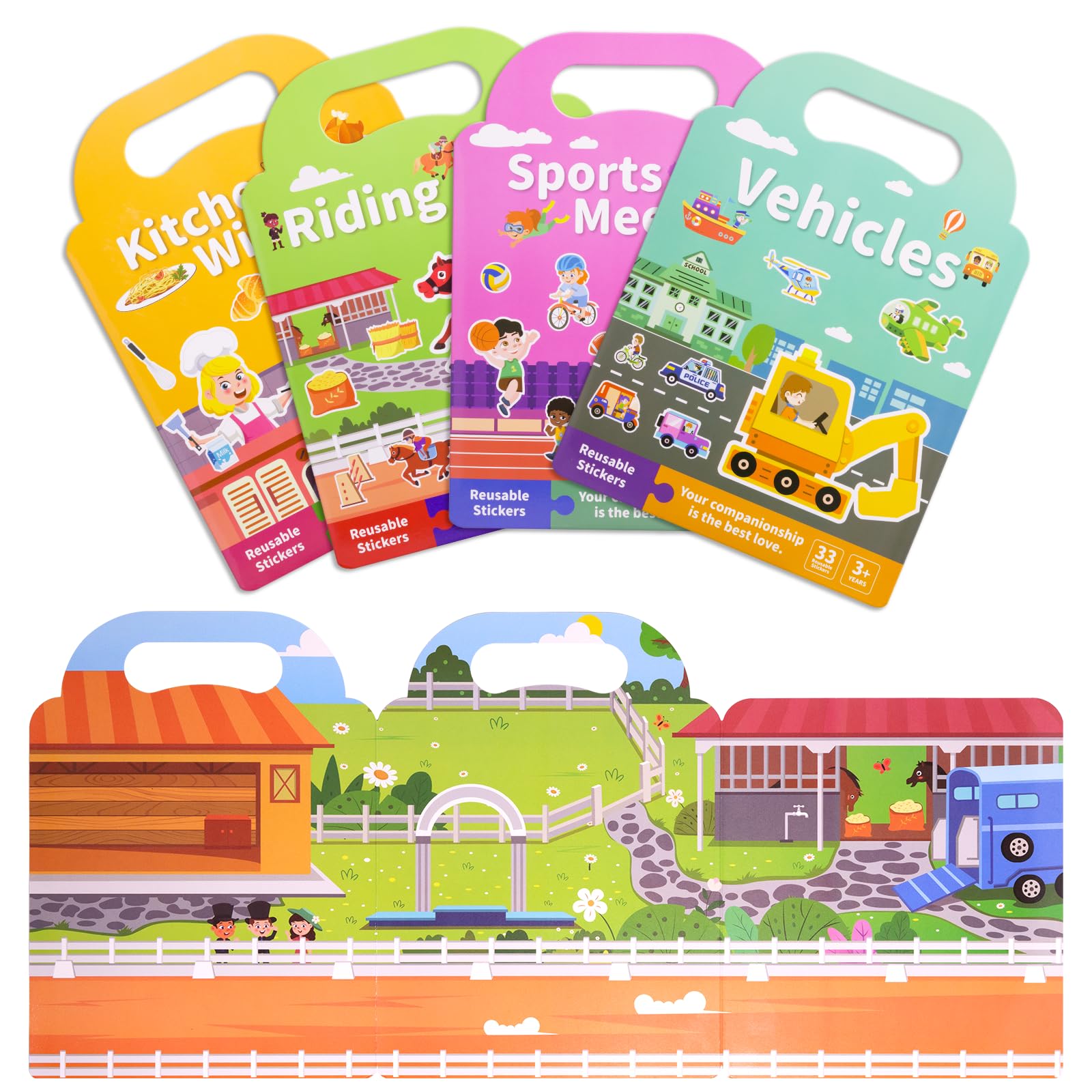 4 Pack Reusable Sticker Book, Sticker Books for Toddlers Age 2 3 4, Educational Learning Toys for Boys and Girls with Kitchen Sports Horseback Riding Transportation Themes of 3D Bubble Stickers