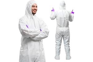 AMZ Medical Supply White Disposable Coveralls with Hood & Boots, 4X-Large. Pack of 5 Microporous Lab Coveralls for Men & Women. 60 GSM Painters Suit Disposable with Elastic Wrist, Lower Back, Zipper