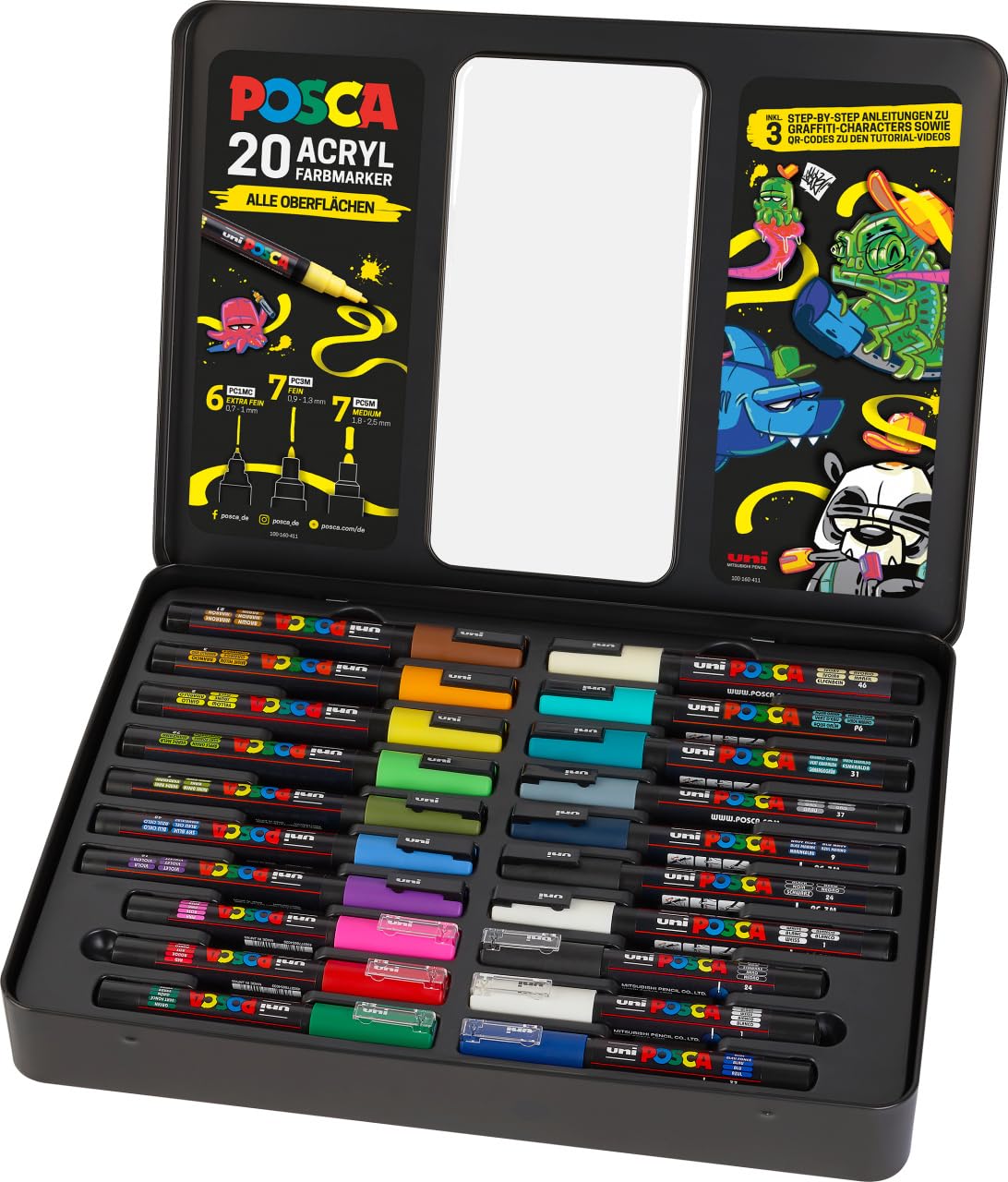Faber-Castell uni-ball 186830 - Juego de rotuladores POSCA, estuche de 20, incl. instrucciones para 3 caracteres de graffiti