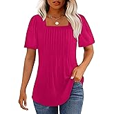 OFEEFAN T Shirts for Women Pleated Square Neck Dressy Casual Blouses Puff Short Sleeve Summer Tops Loose Fit