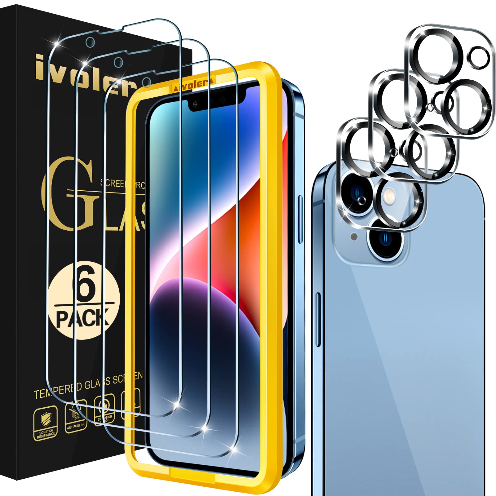 ivoler Screen Protector for iPhone 14, 3 Tempered Glass Film and 3 Camera Lens Protectors with 1 Installation Alignment Aid,30-second installation, Bubble-Free, HD Clear, 6.1-Inch — image 1