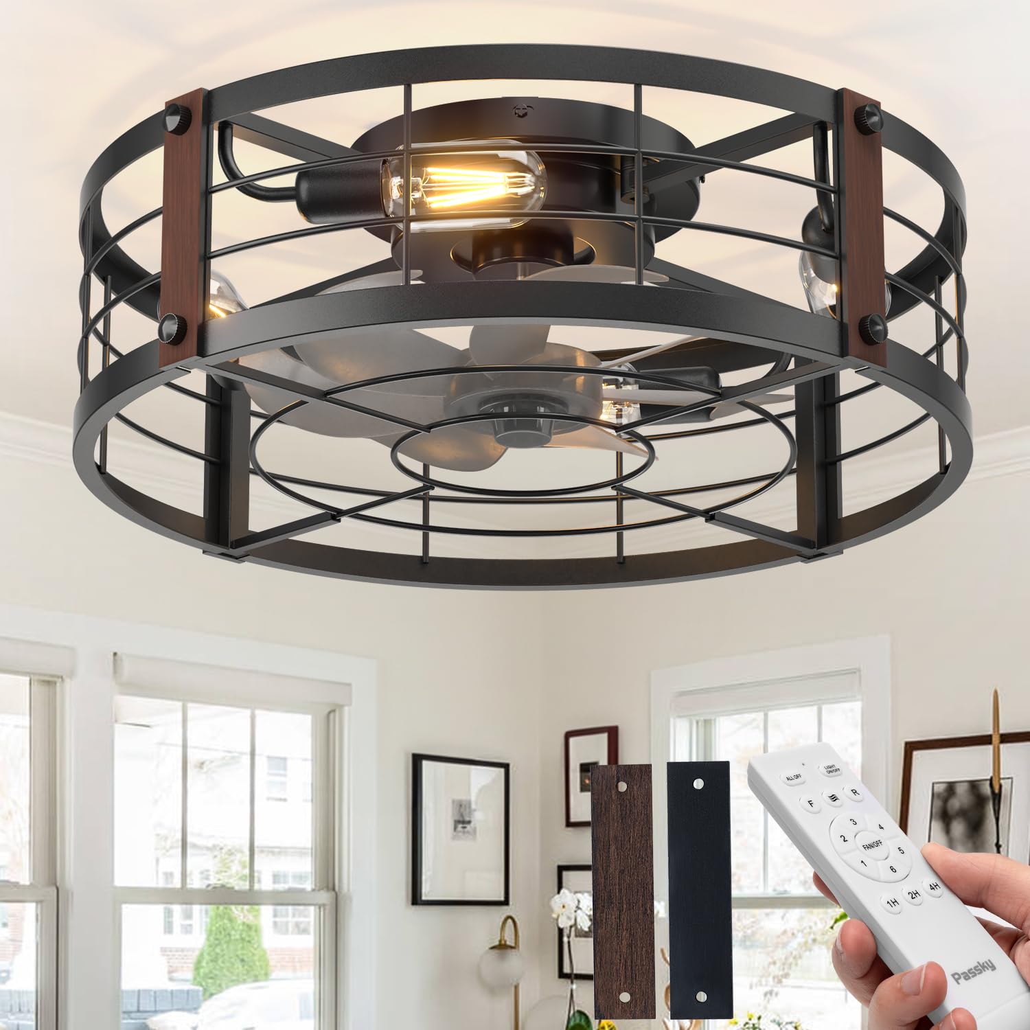 Photo 1 of Passky 20" Farmhouse Flush Mount Ceiling Fans with Lights and Remote, Industrial Black Caged Low Profile Fandelier, 6 Speeds Bladeless Ceiling Fan for Bedroom, Kitchen, Living Room