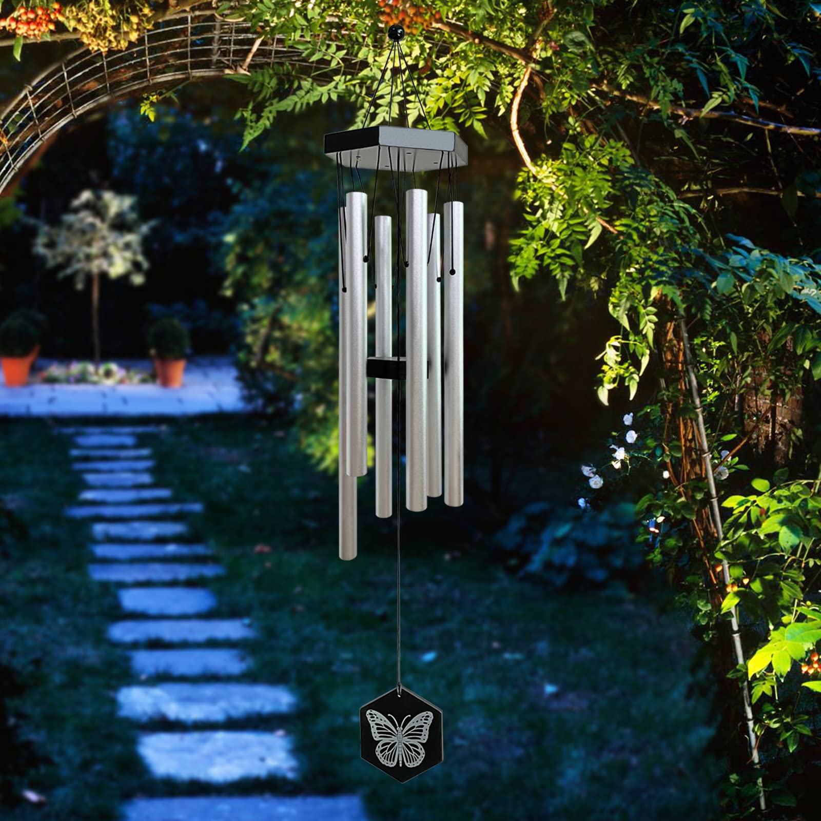 Fonmy Hand Tuned Wind Chime, Durable Wonderful 6 Aluminum Tubes, Perfect Decor for Garden Patio Balcony Outdoor & Indoor, Silver -33" Long — image 1
