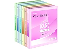 SUQJOY 0.5 inch 3-Ring Binder, 1/2 inch Round Ring Binder with 2 Inside Pockets, Clear View Cover Binders Holds 8.5'' x 11''Paper，Pastel Color Binders for Office/Home/School Supply, 6 Pack