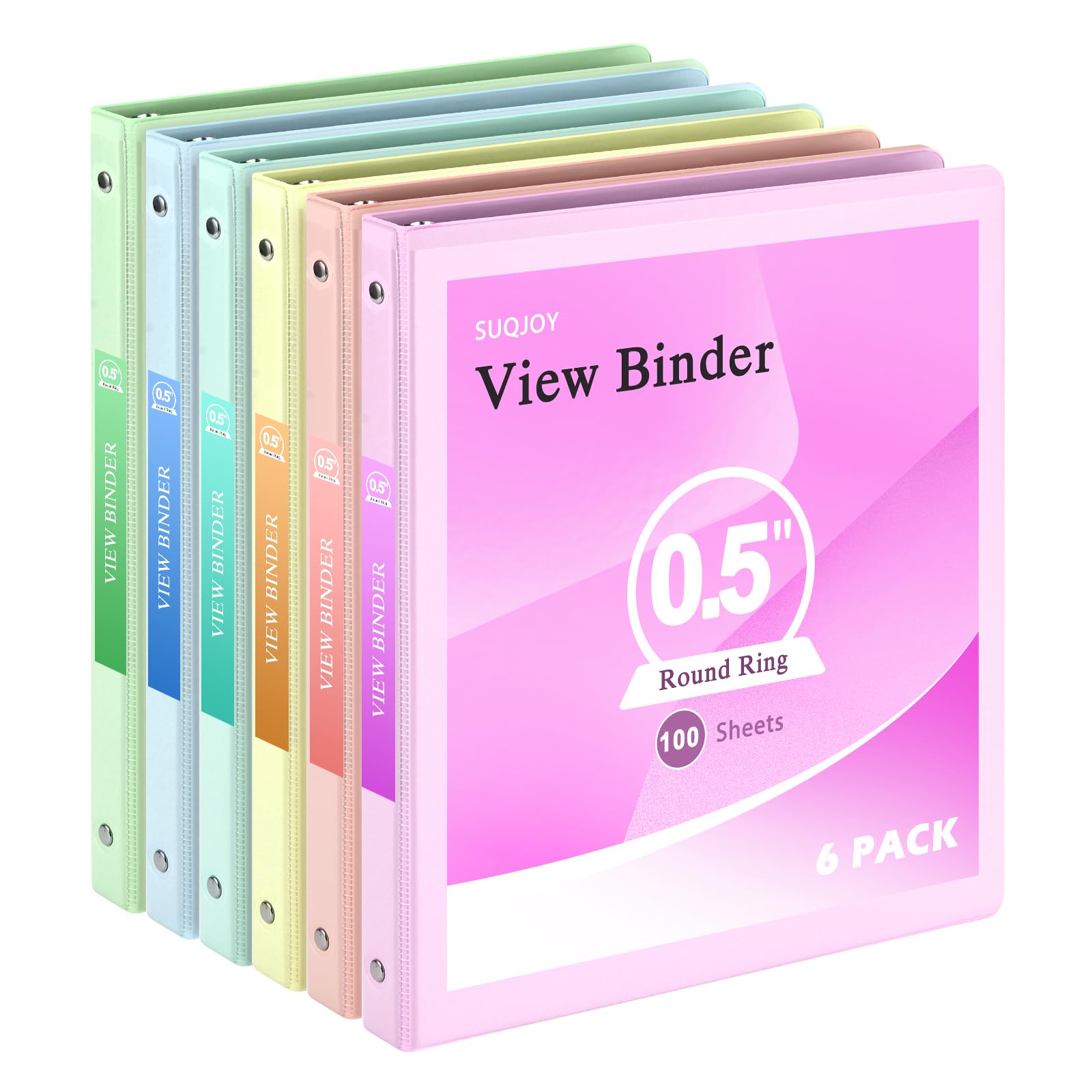 Photo 1 of 0.5 inch 3-Ring Binder, 1/2 inch Round Ring Binder with 2 Inside Pockets, Clear View Cover Binders Holds 8.5'' x 11''Paper?PVC Free, Pastel Color Binders for Office/Home/School Supply, 6 Pack