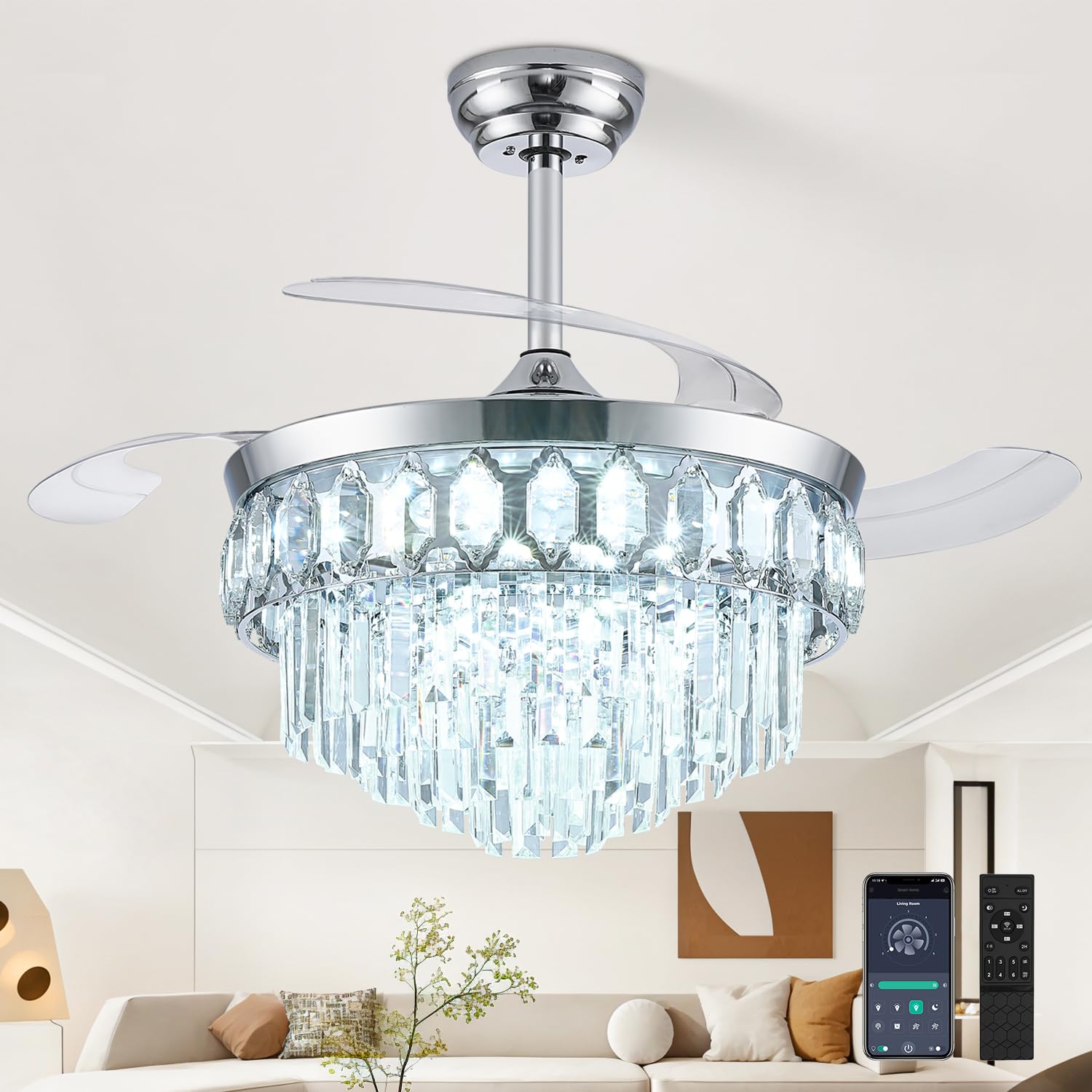 Photo 1 of FIDGRA 42 Inch Fandelier Ceiling Fan with Light, Chandelier Ceiling Fan with Lights Retractable Fan for Bedroom, Living Room, LED Dimmable, 3 Color, 6 Wind Speed-Chrome