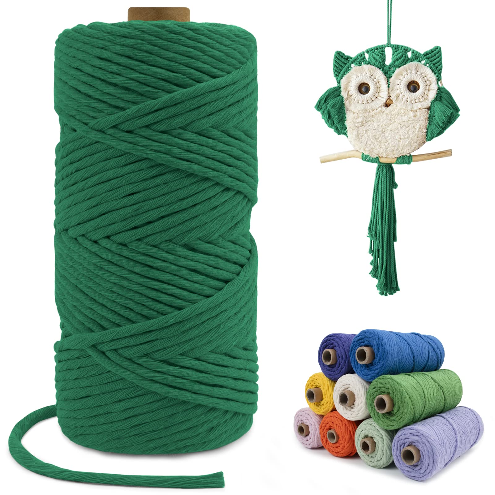 LEREATI Macrame Cord 4mm x 100m, Single Strand Thick Macrame Rope Yarn Natural Cotton Cord, Craft Macrame String for Plant Hanger, Wall Hanging, Knitting, DIY, Home Decorations (Green)