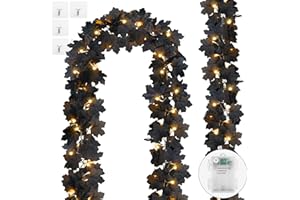 Ouddy Decor 2 Pack Lighted Halloween Black Garland for Home Decorations, Total 20 Ft 60 Led Fall Lights Maple Leaves Battery Operated for Indoor Outdoor Halloween Autumn Front Door Decor, Warm White