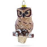 Wise Owl Perched on Branch Blown Glass Christmas Ornament