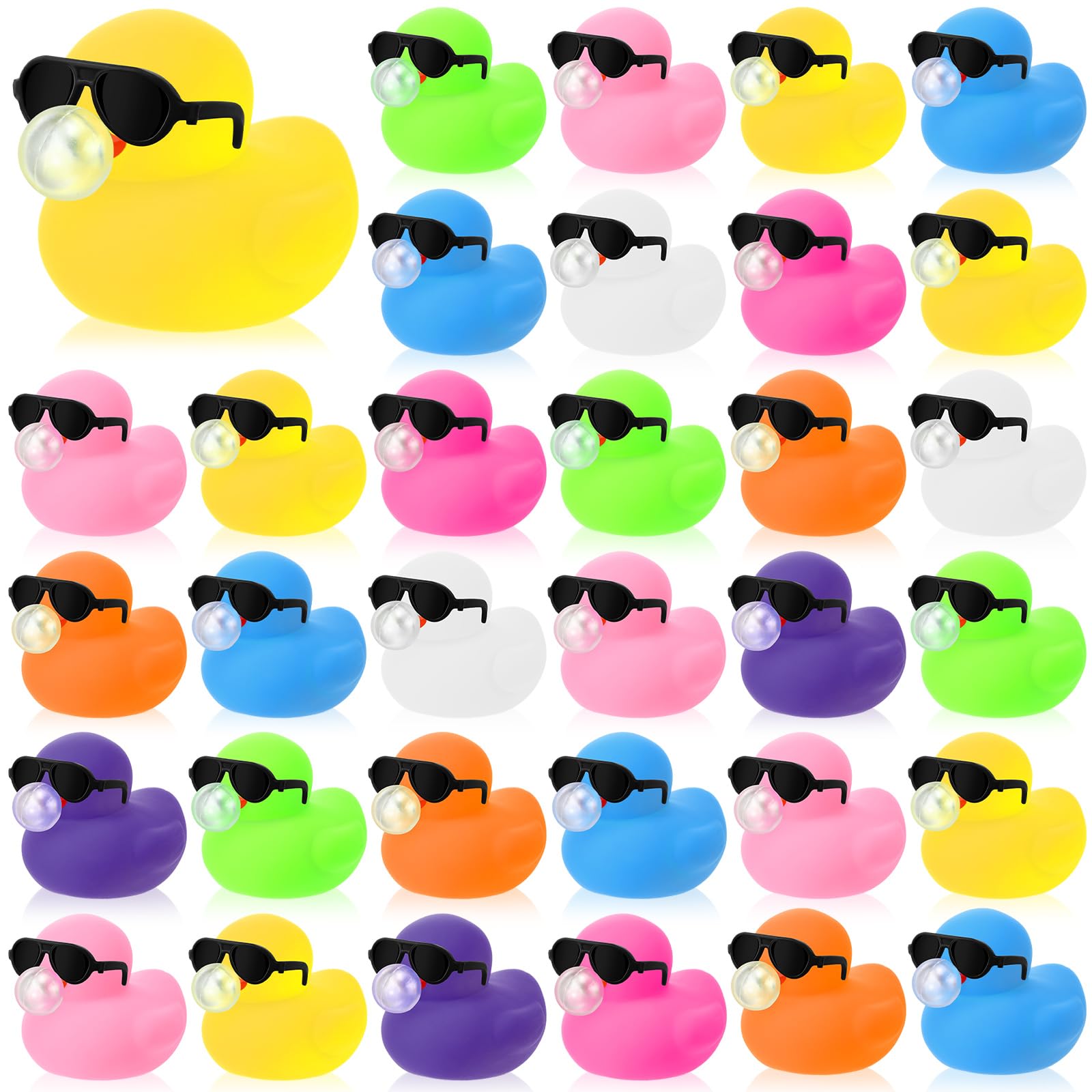 Photo 1 of HyDren 24 Pcs Mini Bubble Rubber Ducks with Sunglasses Set Squeeze Bubble Toy Bulk 2 Inch Rubber Duckies Bath Toy Squeaky Float Bath Pool Toys for Kids Birthday Party Favors Supplies Prize Rewards